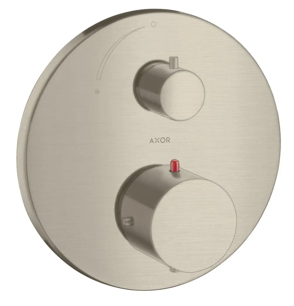 Thermostat Steuerung in gebürstetem Nickel von AXOR mit zwei drehbaren Reglern und einem roten Absperrventil auf einer runden Platte.